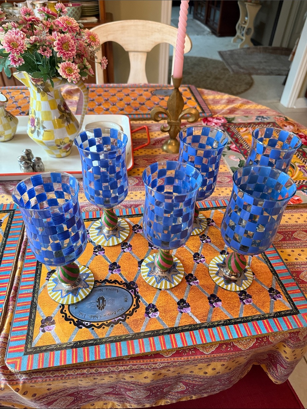 MacKenzie Childs Circus pattern Hand-Painted Blue Check Goblet Set of 6